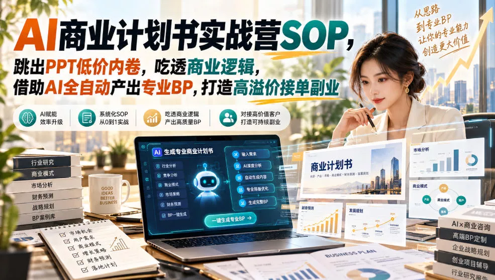 AI商业计划书实战营SOP，跳出PPT低价内卷，吃透商业逻辑，借助AI全自动产出专业BP，打造高溢价接单副业 - 来及网络
