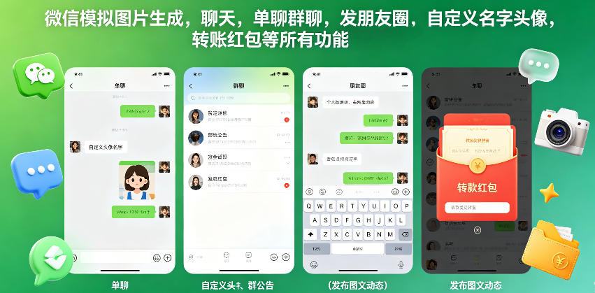 微信模拟图片生成，聊天，单聊群聊，发朋友圈，自定义名字头像，转账红包等所有功能都可以生成 - 来及网络
