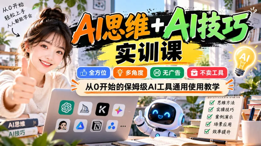 【无水印】AI思维+AI技巧实训课，全方位、多角度、无广告、不卖工具，从0开始的保姆级AI工具通用使用教学 - 来及网络