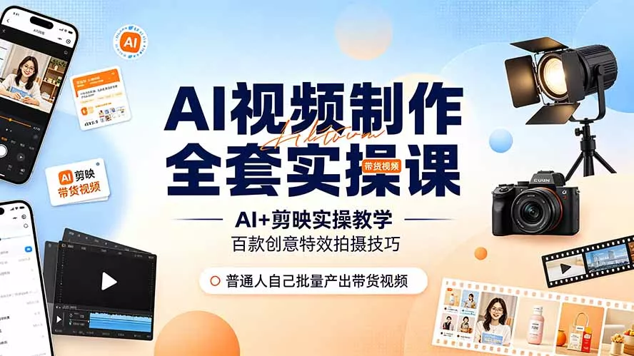 AI视频制作全套实操课，多款AI工具搭配剪映教学，百种特效运镜拍摄实操，抖音账号带货运营全覆盖 - 来及网络