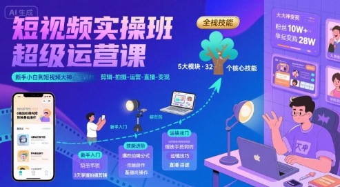 短视频实操班超级运营课，新手小白到短视频大神必修课程，剪辑-拍摄-运营-直播-变现 - 来及网络