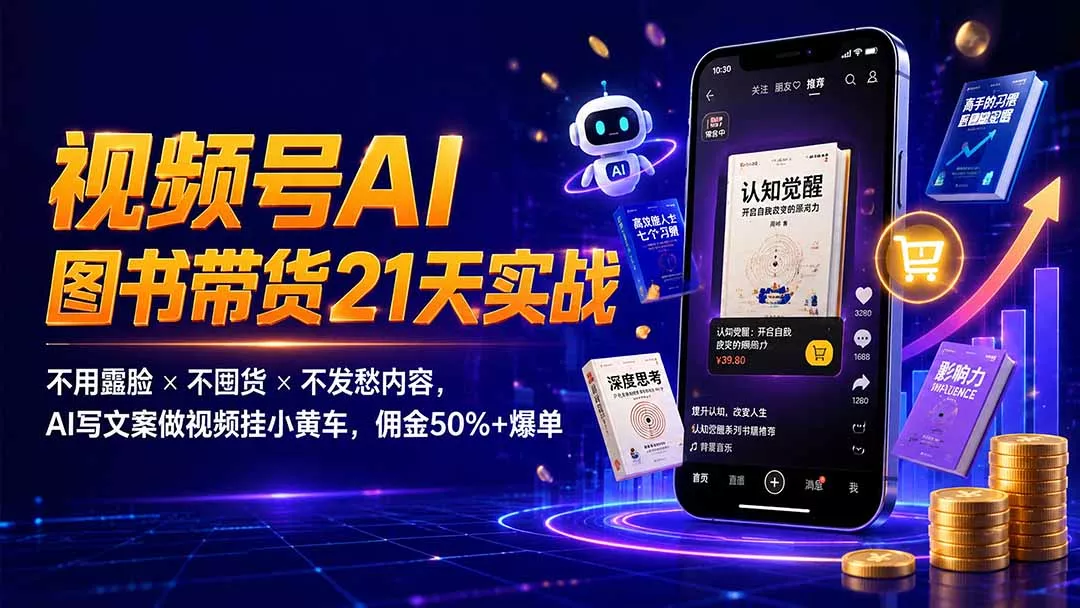 繁花视频号AI图书带货21天实战：不用露脸×不囤货×不发愁内容，AI写文案做视频挂小黄车，佣金50%+爆单 - 来及网络