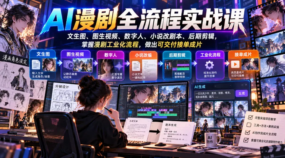 AI漫剧全流程实战课，文生图、图生视频、数字人、小说改剧本、后期剪辑，掌握漫剧工业化流程，做出可交付接单成片 - 来及网络