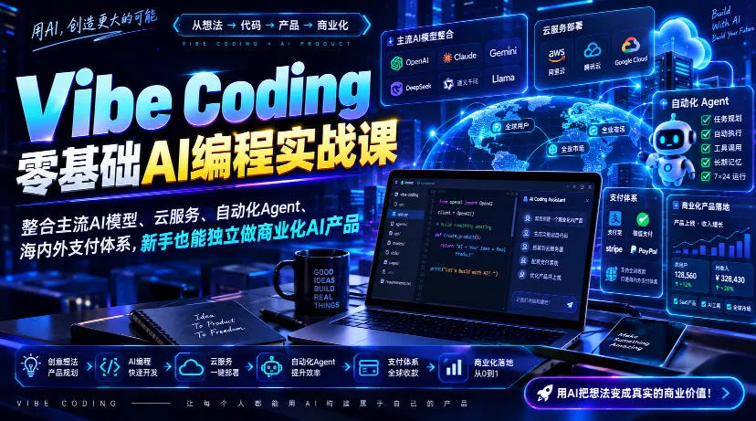 Vibe Coding零基础AI编程实战课-无水印，整合主流AI模型、云服务、自动化Agent、海内外支付体系，新手也能独立做商业化AI产品 - 来及网络