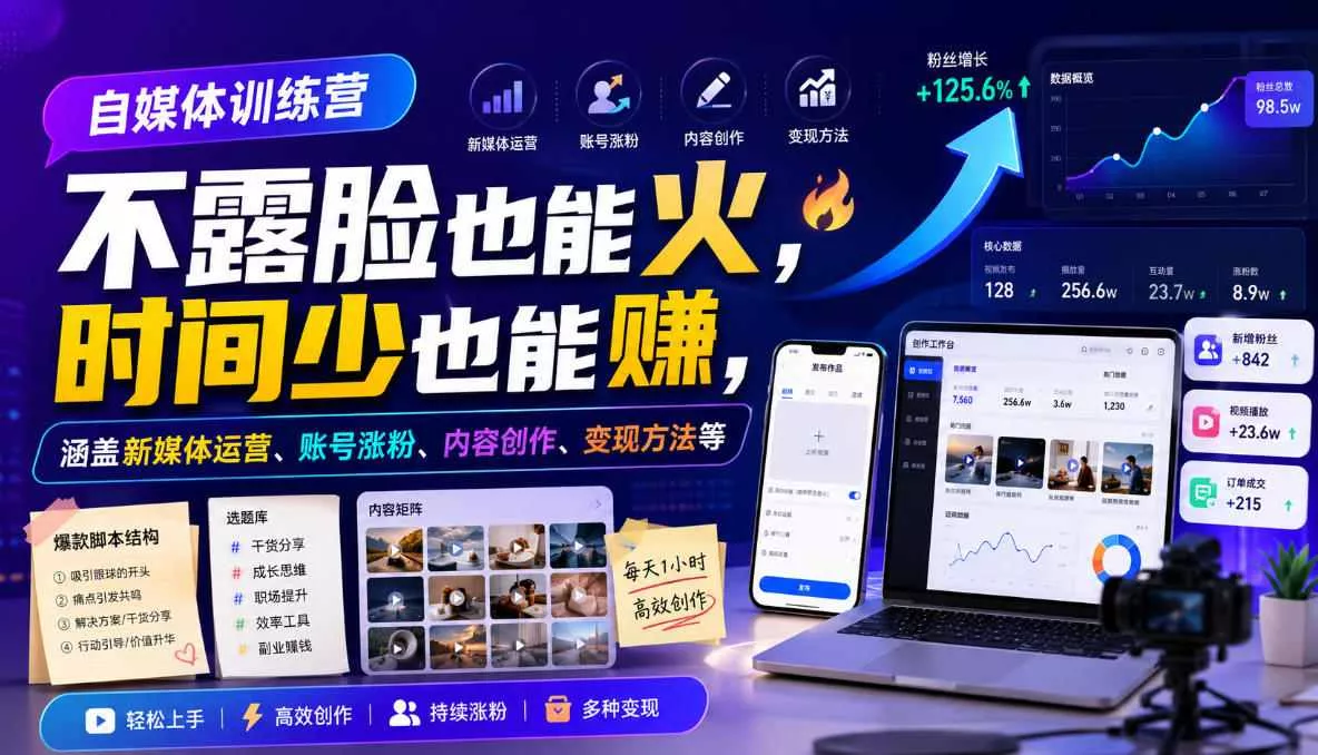 自媒体训练营，不露脸也能火，时间少也能賺，涵盖新媒体运营、账号涨粉、内容创作、变现方法等 - 来及网络