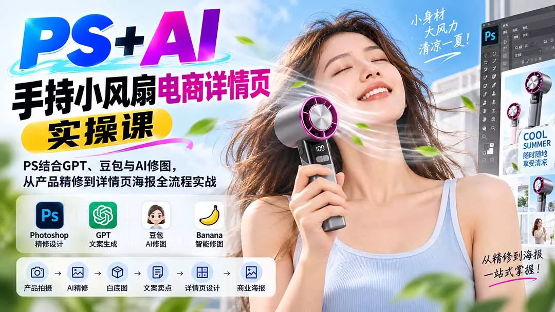 PS+AI手持小风扇电商详情页实操课：PS结合GPT、豆包与AI修图，从产品精修到详情页海报全流程实战 - 来及网络