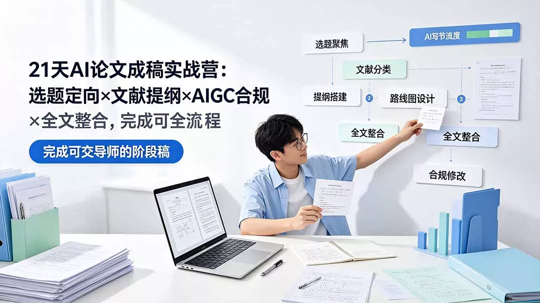 21天AI论文成稿实战营：选题定向×文献提纲×AIGC合规×全文整合，完成可交导师的阶段稿 - 来及网络