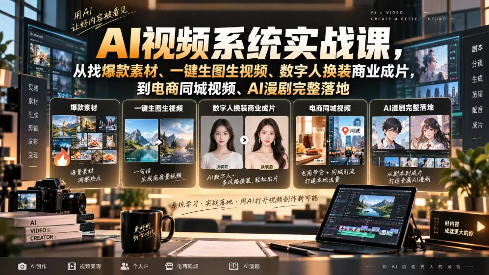AI视频系统实战课，从找爆款素材、一键生图生视频、数字人换装商业成片，到电商同城视频、AI漫剧完整落地 - 来及网络