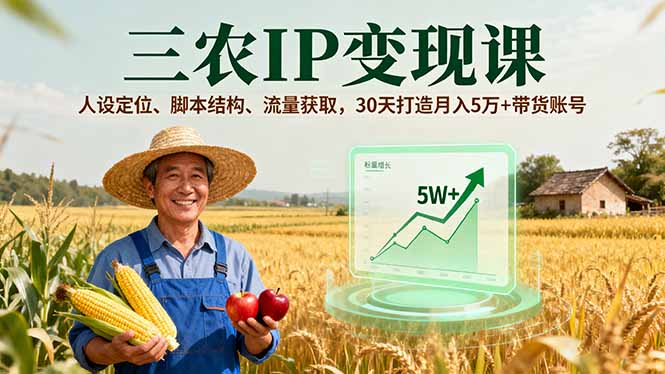 三农IP变现课，人设定位、脚本结构、流量获取，30天打造月入5万+带货账号 - 来及网络