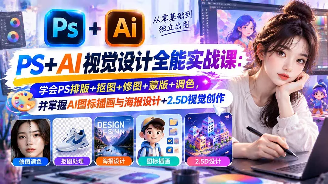 【无水印】PS+AI视觉设计全能实战课：学会PS排版+抠图+修图+蒙版+调色，并掌握AI图标插画与海报设计+2.5D视觉创作 - 来及网络