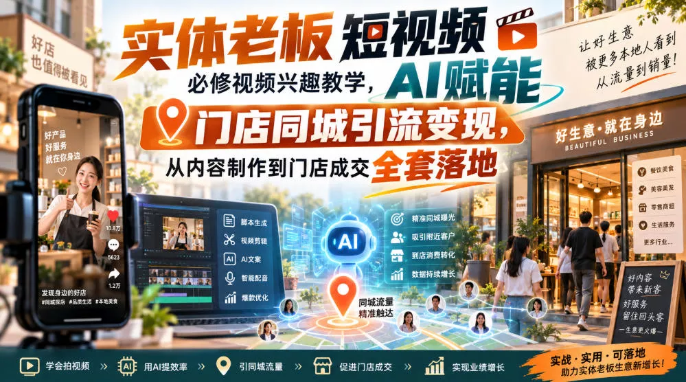 实体老板短视频必修视频兴趣教学，AI赋能门店同城引流变现，AI+短视频+直播打爆实体客流量 - 来及网络