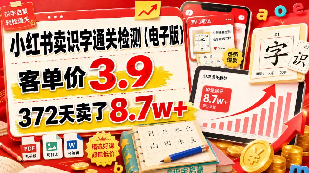 小红书卖识字通关检测(电子版)，客单价3.9，372天卖了8.7w+ - 来及网络