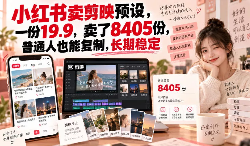 小红书卖剪映预设，一份19.9，卖了8405份，普通人也能复制，长期稳定 - 来及网络