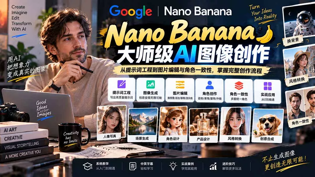 【无水印】Nano Banana大师级AI图像实战课：从提示词工程到图片编辑与角色一致性，掌握完整创作流程 - 来及网络
