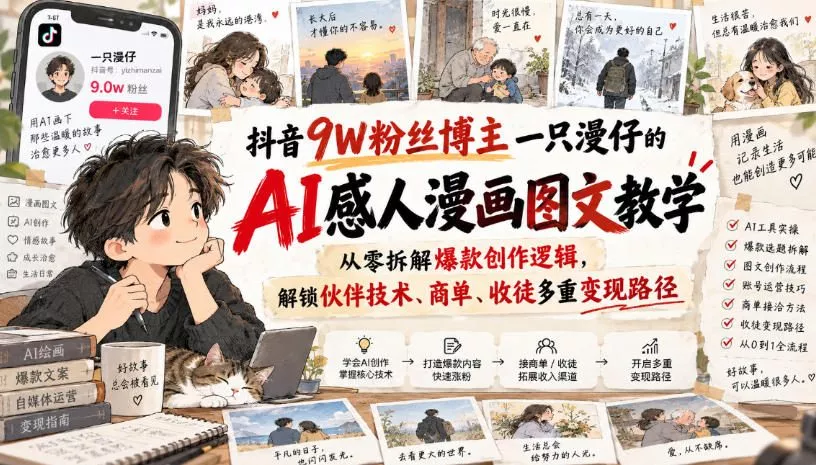 抖音9W粉丝博主一只漫仔的AI感人漫画图文教学，从零拆解爆款创作逻辑，解锁伙伴技术、商单、收徒多重变现路径 - 来及网络