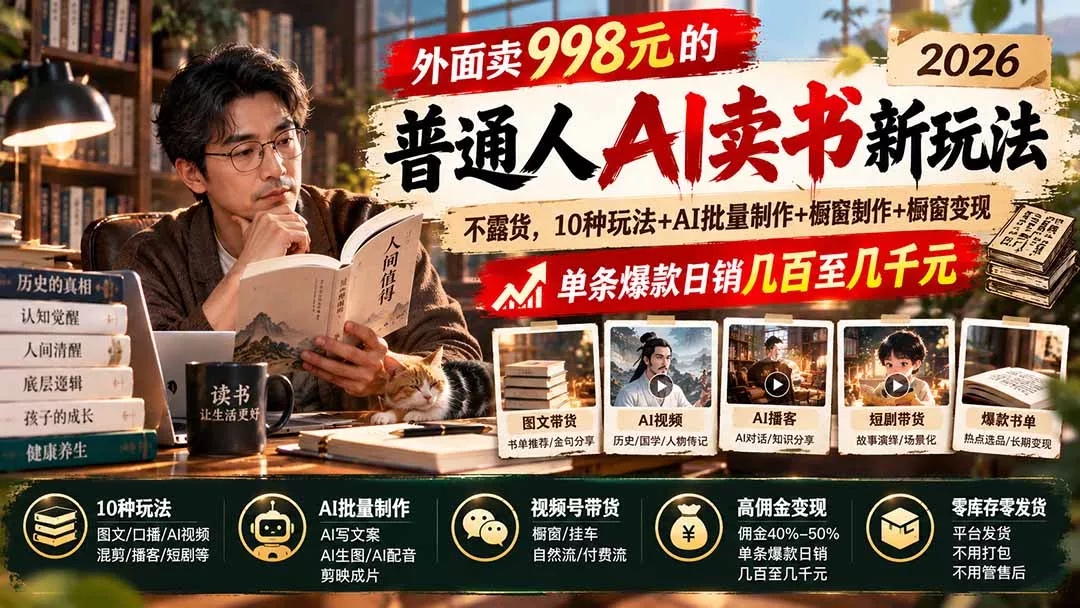 外面卖998元的2026普通人AI卖书新玩法：不露脸、不囤货，10种玩法+AI批量制作+橱窗变现，单条爆款日销几百至几千元 - 来及网络
