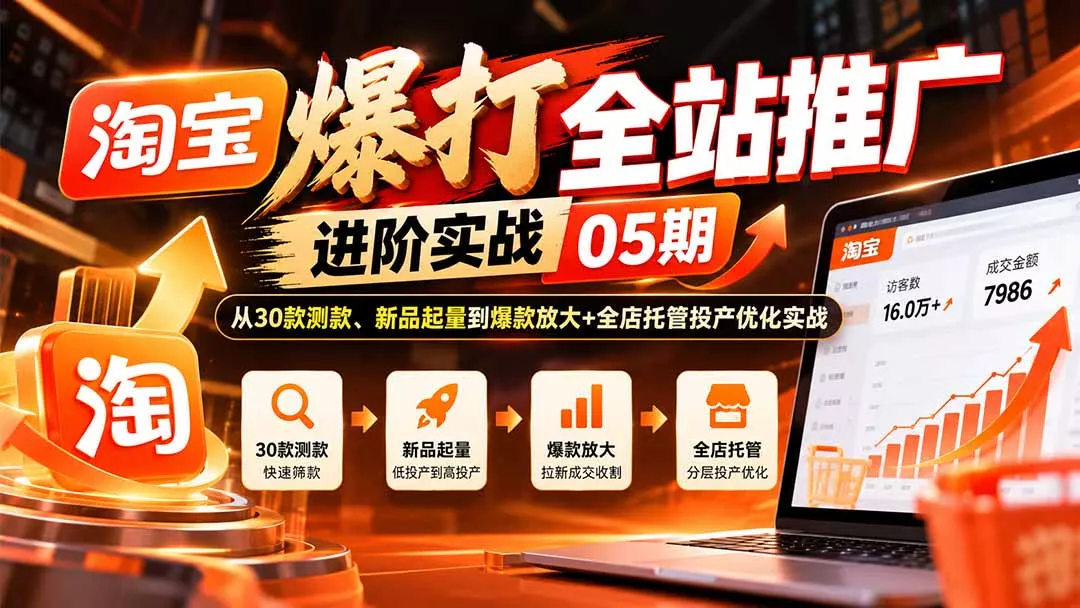 淘宝爆打全站推广进阶实战05期：从30款测款、新品起量到爆款放大+全店托管投产优化实战 - 来及网络