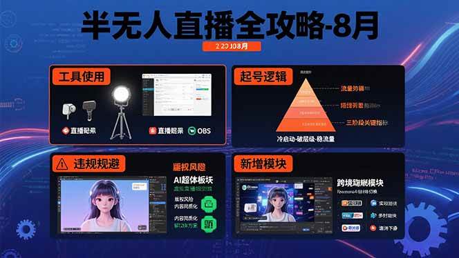 （15669期）半无人直播全攻略-8月：工具使用+起号逻辑+违规规避,新增AI超体与跨境模块 - 来及网络