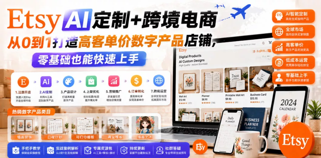 Etsy AI定制+跨境电商，从0到1打造高客单价数字产品店铺，零基础也能快速上手 - 来及网络