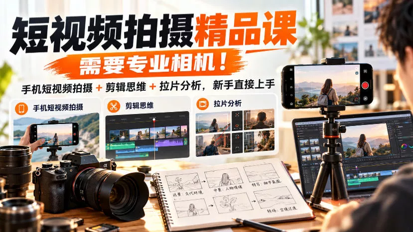 短视频拍摄精品课，需要专业相机！手机短视频拍摄+剪辑思维+拉片分析，新手直接上手 - 来及网络