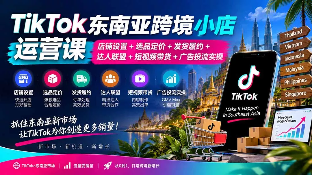 TikTok东南亚跨境小店运营课：店铺设置+选品定价+发货履约+达人联盟+短视频带货+广告投流实操 - 来及网络