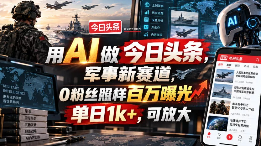 用AI做今日头条，军事新赛道，0粉丝照样百万曝光，单日1k+，可放大 - 来及网络