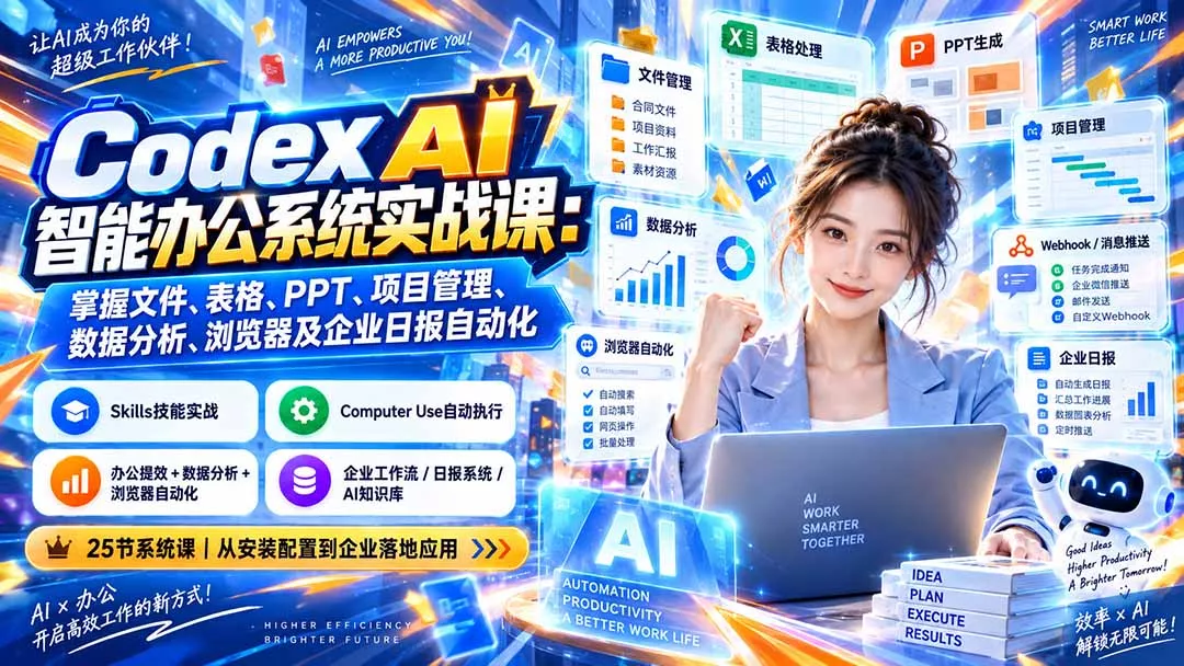 Codex AI智能办公系统实战课：掌握文件、表格、PPT、项目管理、数据分析、浏览器及企业日报自动化 - 来及网络