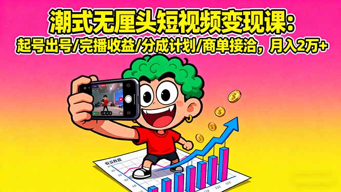 潮式无厘头短视频变现课：起号出号/完播收益/分成计划/商单接洽，月入2万+ - 来及网络