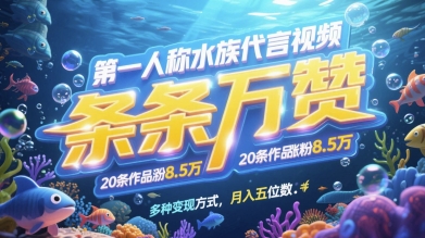 第一人称水族代言视频，条条万赞，20条作品涨粉7.8W，多种变现方式月入五位数 - 来及网络