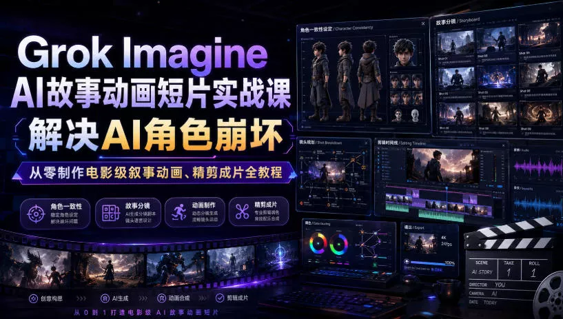 Grok Imagine AI故事动画短片实战课｜解决AI角色崩坏，从零制作电影级叙事动画、精剪成片全教程(中英字幕) - 来及网络