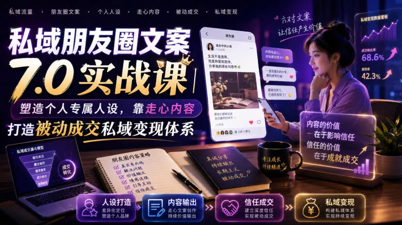 私域朋友圈文案7.0实战课｜塑造个人专属人设，靠走心内容打造被动成交私域变现体系 - 来及网络