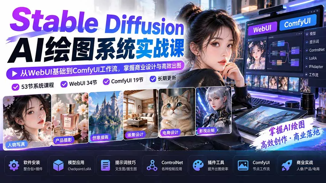 【无水印】Stable Diffusion AI绘图系统实战课：从WebUI基础到ComfyUI工作流，掌握商业设计与高效出图 - 来及网络
