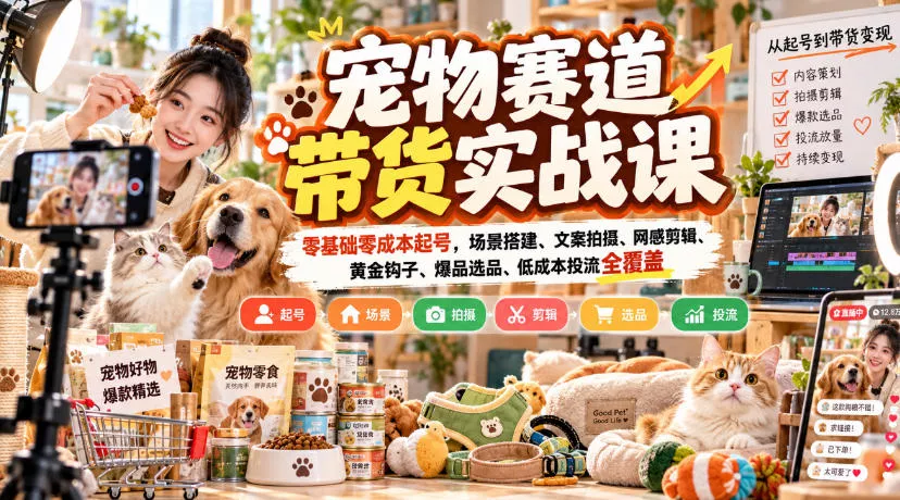 宠物赛道带货实战课，零基础零成本起号，场景搭建、文案拍摄、网感剪辑、黄金钩子、爆品选品、低成本投流全覆盖 - 来及网络