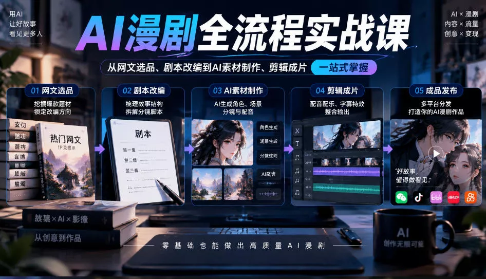 AI漫剧全流程实战课，覆盖从网文选品、剧本改编到AI素材制作、剪辑成片的完整链路 - 来及网络