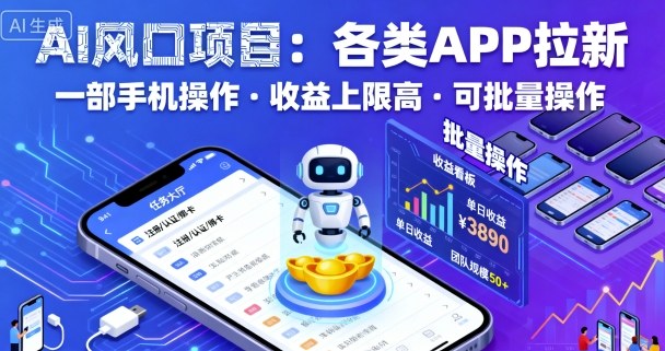 AI风口项目，各类APP拉新，一部手机就可以操作，收益上限高，可批量操作 - 来及网络
