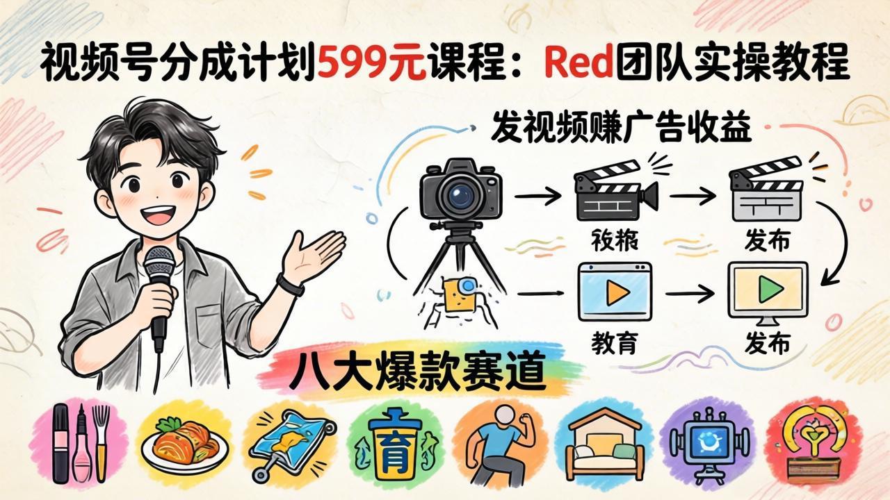 视频号分成计划599元课程：Red团队实操教程，发视频赚广告收益，八大爆款赛道全掌握 - 来及网络