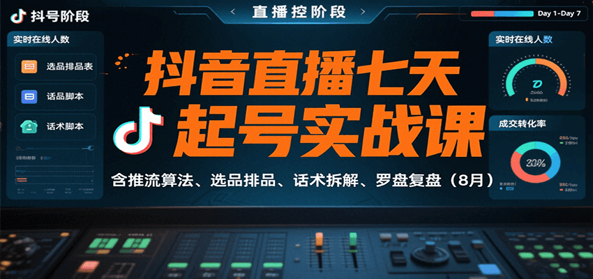 抖音直播七天起号实战课：含推流算法、选品排品、话术拆解、罗盘复盘（8月） - 来及网络