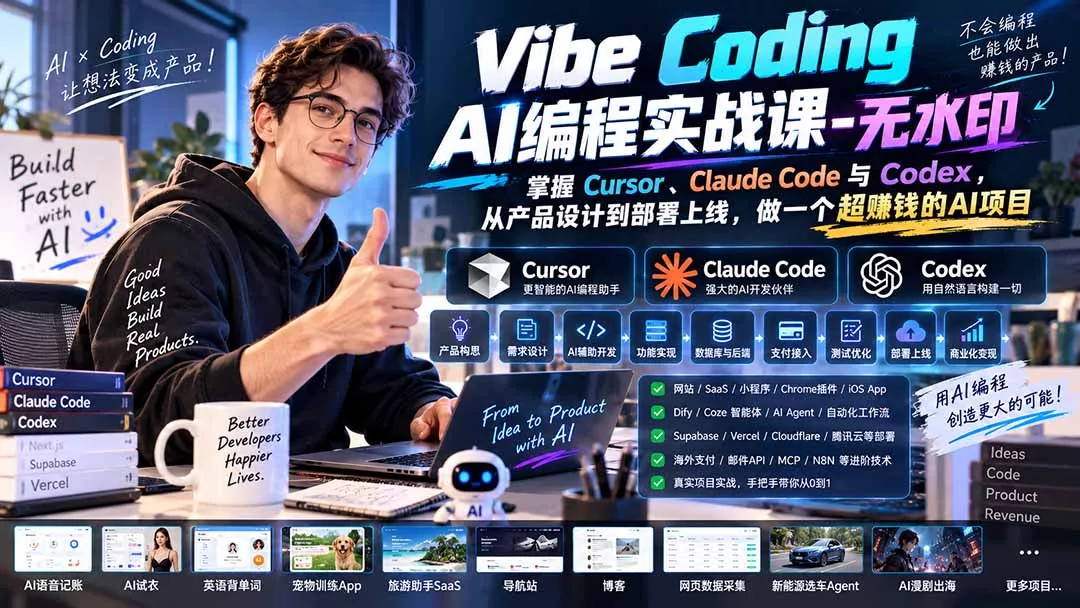 Vibe Coding AI编程实战课-无水印：掌握Cursor、Claude Code与Codex，从产品设计到部署上线，做一个超赚钱的AI项目 - 来及网络