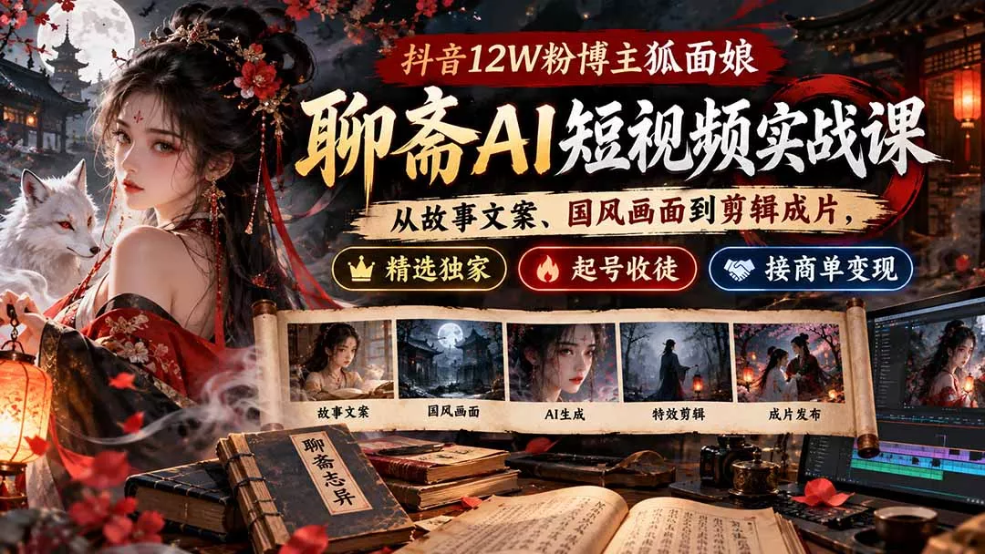 抖音12W粉博主狐面娘-聊斋AI短视频实战课：从故事文案、国风画面到剪辑成片，精选独家+起号收徒+接商单变现 - 来及网络