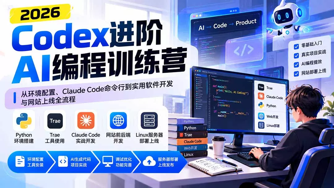 Codex进阶AI编程训练营：从环境配置、Claude Code命令行到实用软件开发与网站上线全流程 - 来及网络