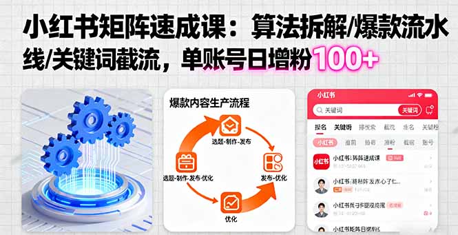小红书矩阵起号速成课：算法拆解/爆款流水线/关键词截流 单账号日增粉100+ - 来及网络