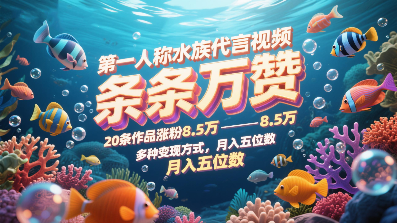 第一人称水族代言视频，条条万赞，20条作品涨粉8.5万，多种变现方式月，入五位数 - 来及网络