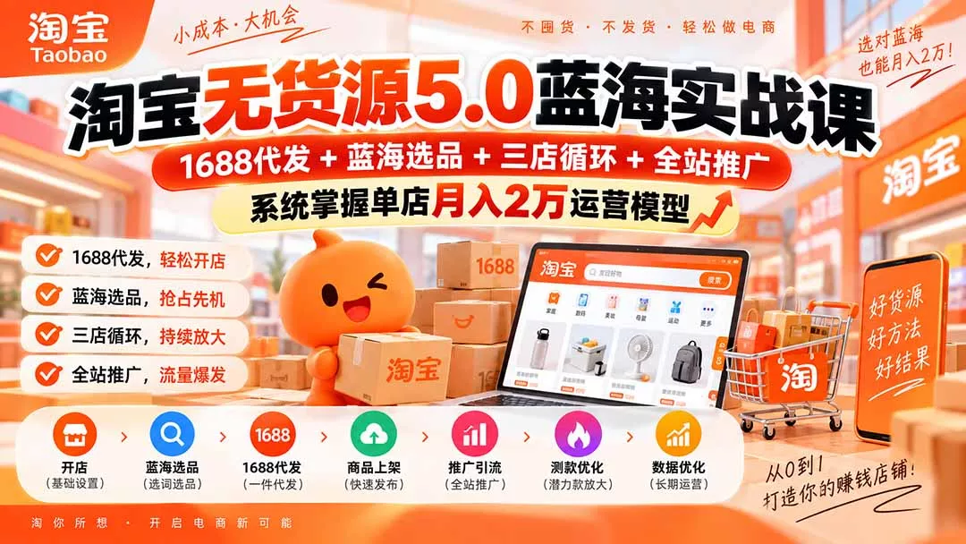 淘宝无货源5.0蓝海实战课-更新：1688代发+蓝海选品+三店循环+全站推广，系统掌握单店月入2万运营模型 - 来及网络