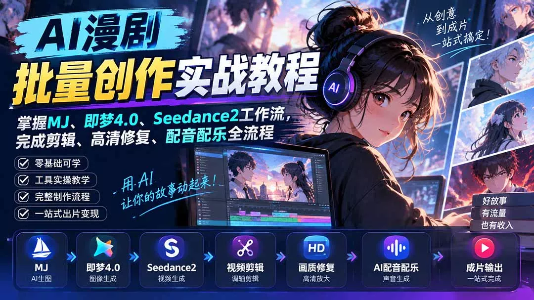 AI漫剧批量创作实战教程：掌握MJ、即梦4.0、Seedance2工作流，完成剪辑、高清修复、配音配乐全流程 - 来及网络