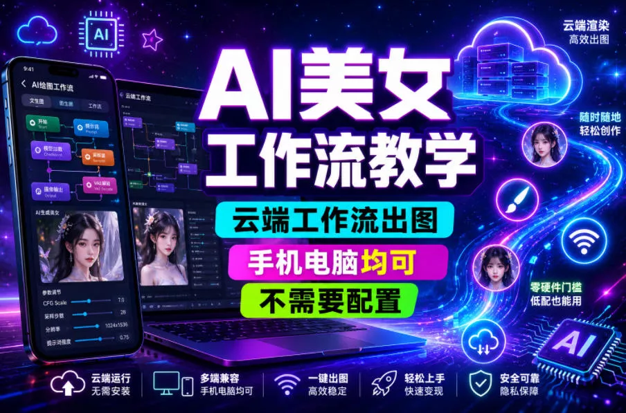 AI美女工作流教学，云端工作流出图，手机电脑均可，不需要配置，快速起号涨粉 - 来及网络