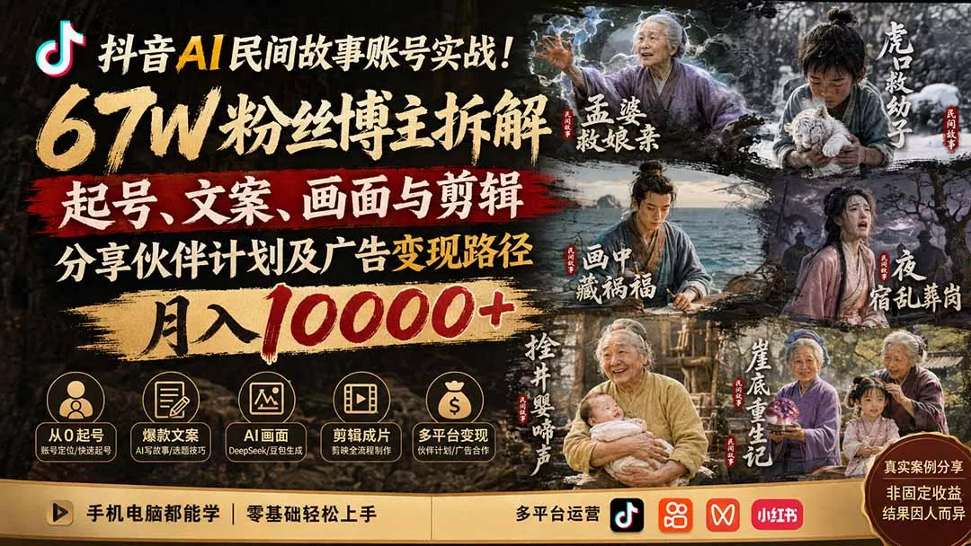 抖音AI民间故事账号实战！67W粉丝博主拆解起号、文案、画面与剪辑，分享伙伴计划及广告变现路径，月入10000+ - 来及网络