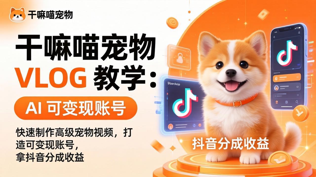 干嘛喵宠物 VLOG 教学：AI 快速制作高级宠物视频，打造可变现账号，拿抖音分成收益 - 来及网络