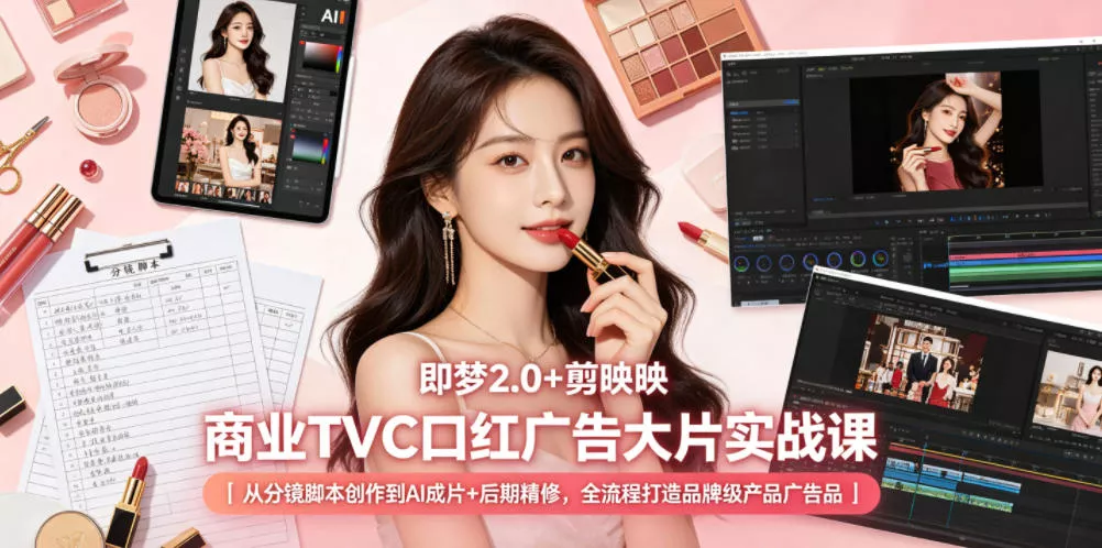 即梦2.0+剪映商业TVC口红广告大片实战课｜从分镜脚本创作到AI成片+后期精修，全流程打造品牌级产品广告 - 来及网络
