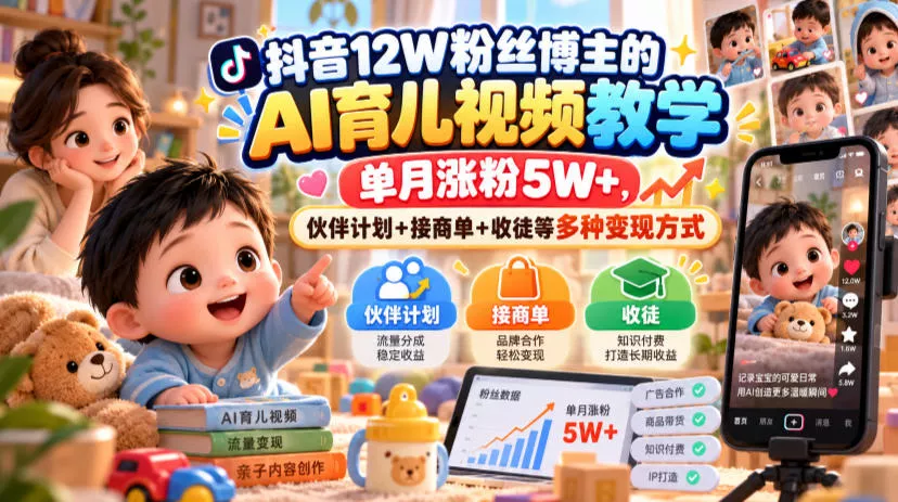 抖音12W粉丝博主的AI育儿视频教学，单月涨粉5W+，伙伴计划+接商单+收徒等多种变现方式 - 来及网络