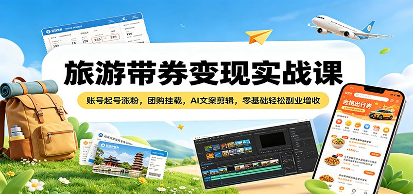 旅游带券变现实战课：账号起号涨粉，团购挂载，AI文案剪辑，零基础轻松副业增收 - 来及网络